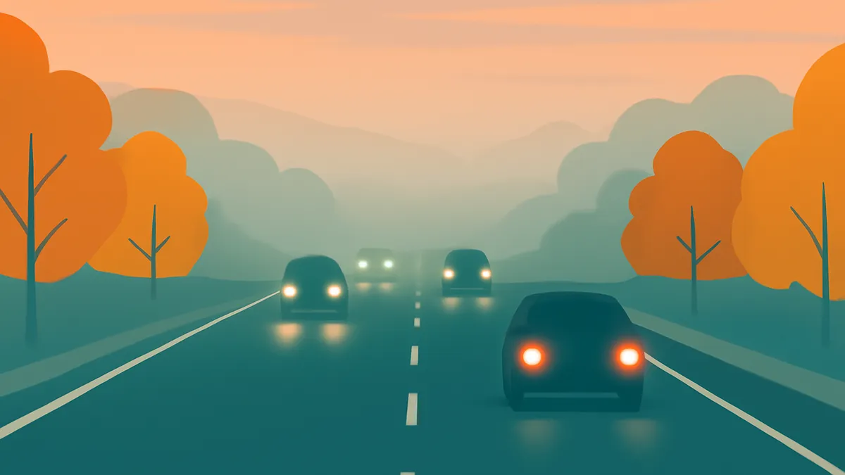 Cars on a highway at dusk with orange trees and misty mountains in the background
