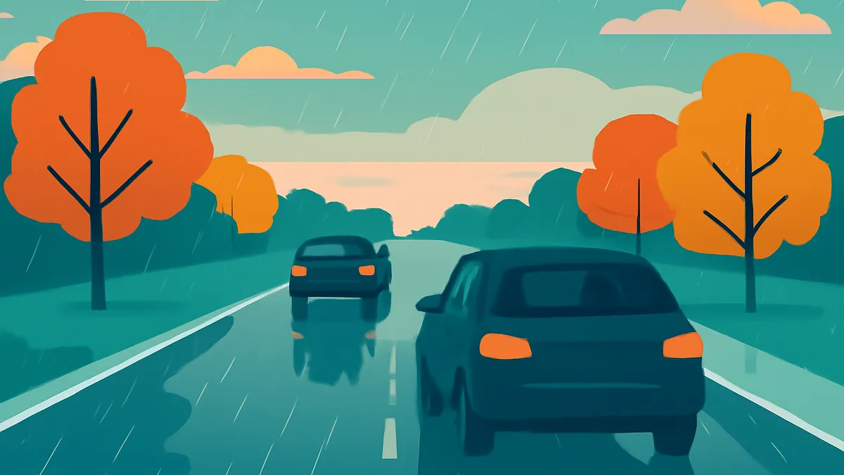 Two cars driving on a wet road with orange trees on the sides under a light blue sky with clouds and rain