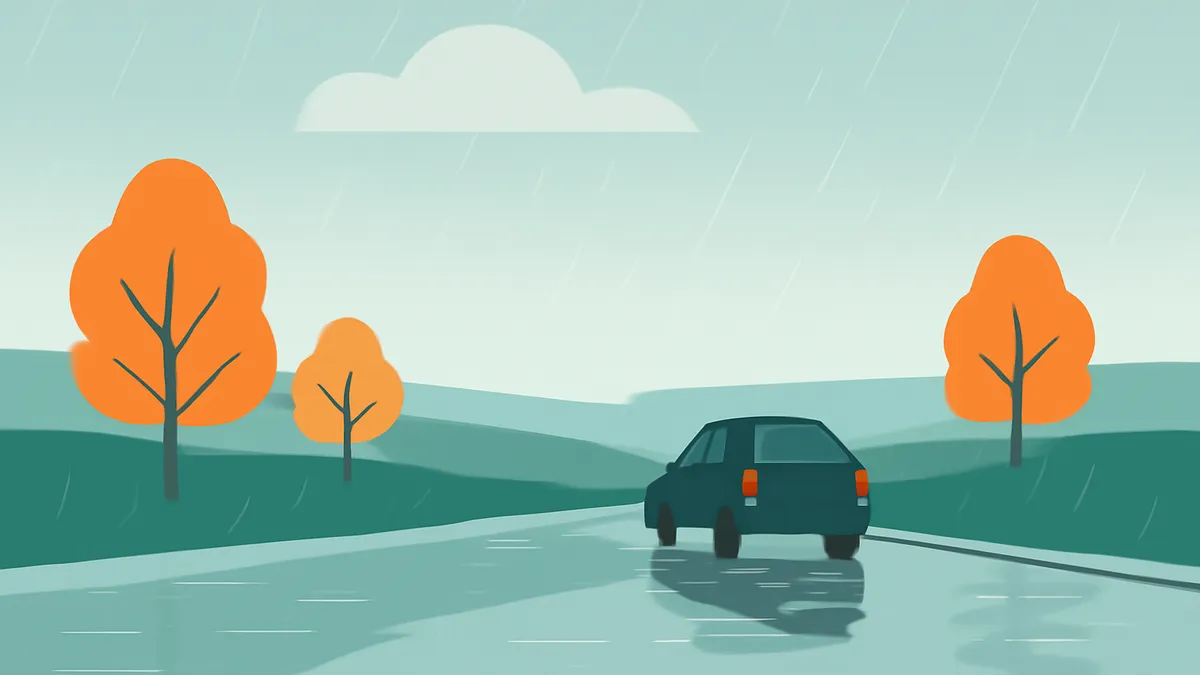 A dark car drives on a wet road with orange trees and green hills under a light blue sky with rain and a cloud