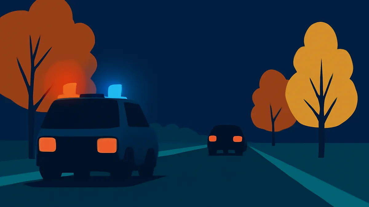 A police car with flashing lights and another car on a dark road at night, with trees on the side
