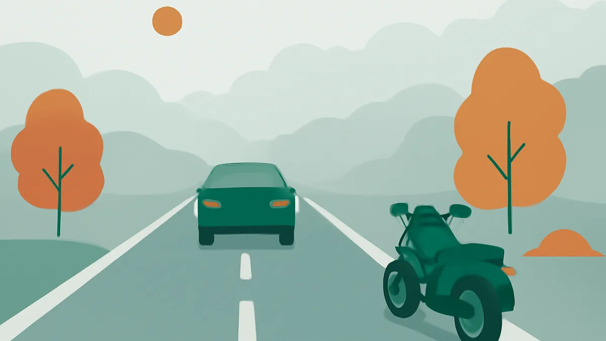 A green car and a green motorcycle on a road with orange trees and a sun in a hazy landscape