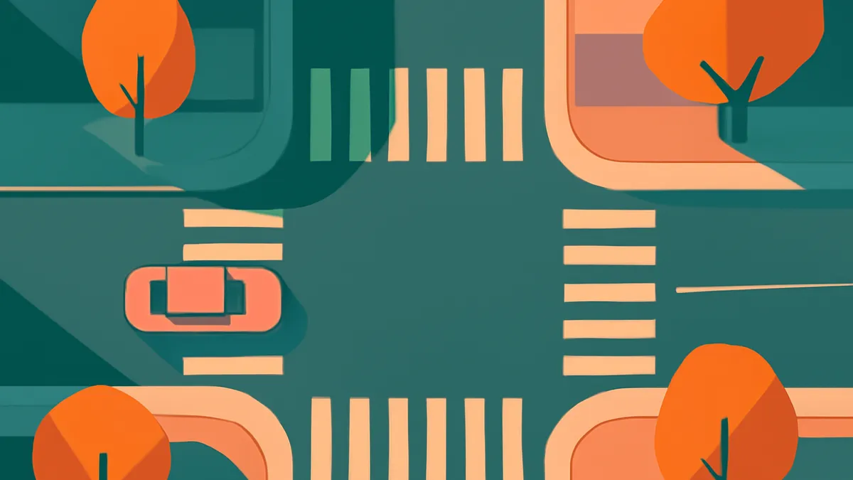 An overhead view of a car at a crosswalk on a teal road with orange trees and sidewalks