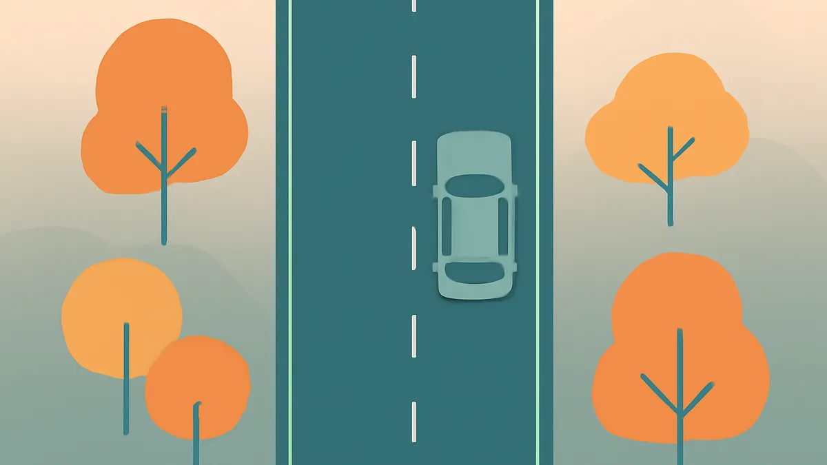 An overhead view of a car driving on a road lined with trees in a flat, stylized manner