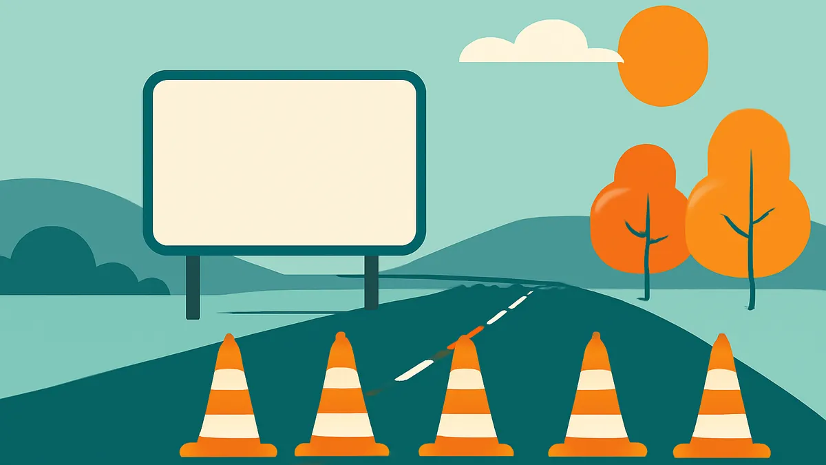 A blank billboard on a road with orange traffic cones, trees, and a sun in a teal landscape