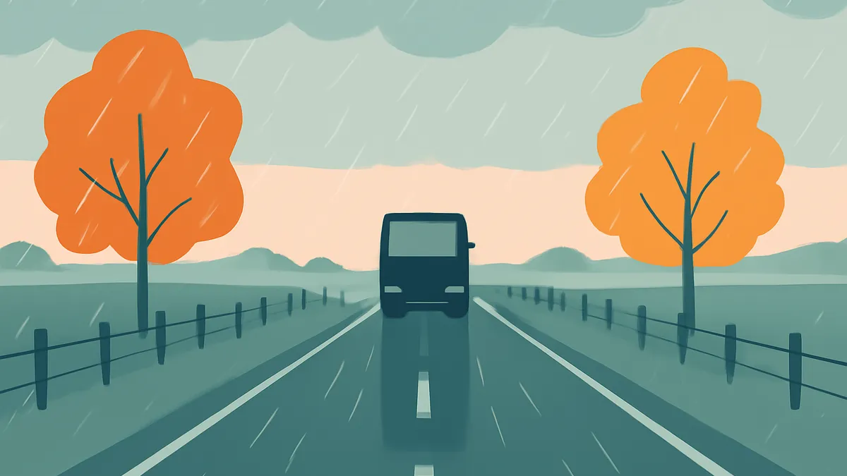 A dark van drives on a wet road under a cloudy sky with two orange trees on either side of the road