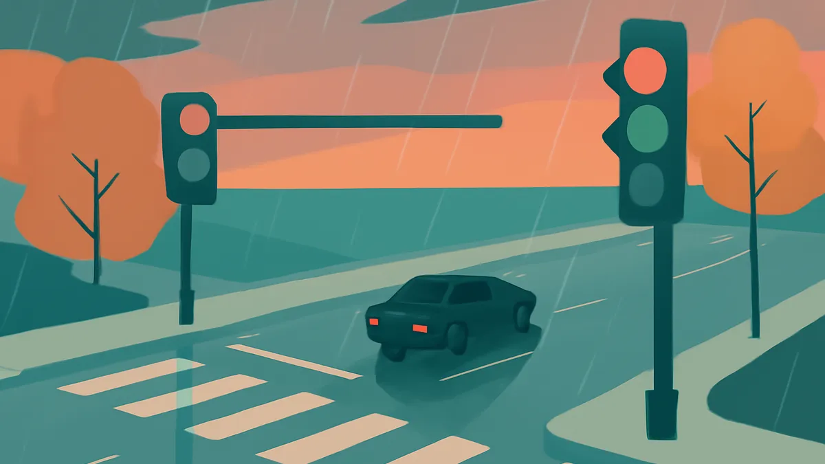 A dark car on a wet road at an intersection with traffic lights and a crosswalk, under a rainy orange sky