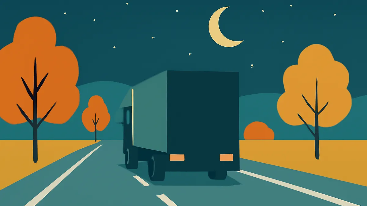 A box truck on a two-lane road at night with a crescent moon and stars in the sky, and orange trees