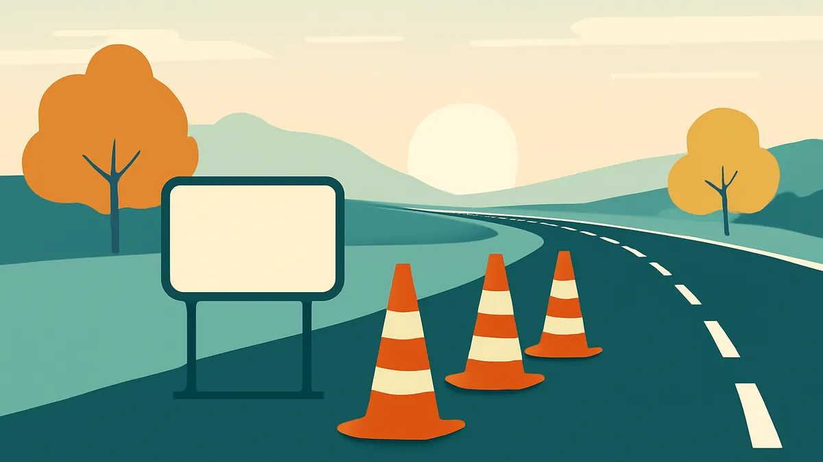 A winding road with three orange traffic cones and a blank sign, set against a landscape with hills and trees under a sunset