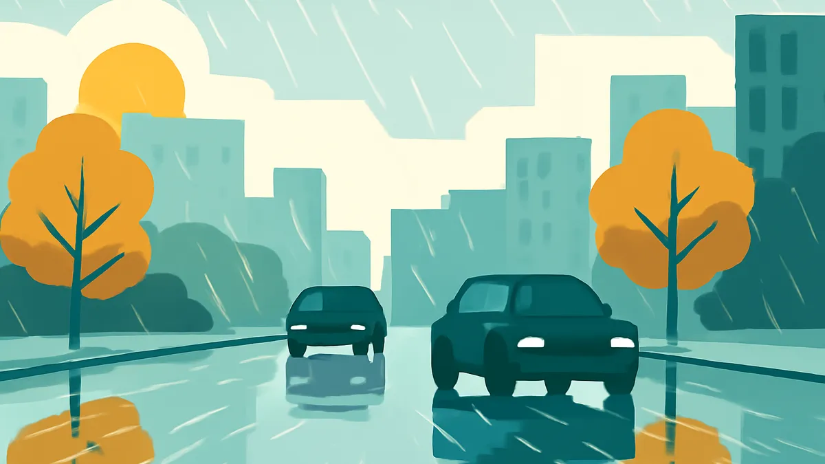 Two cars on a wet road in a city with trees and buildings under a light sky, with rain falling