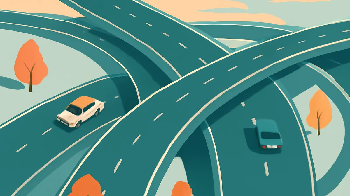Two cars on a highway interchange with trees in a flat, stylized illustration