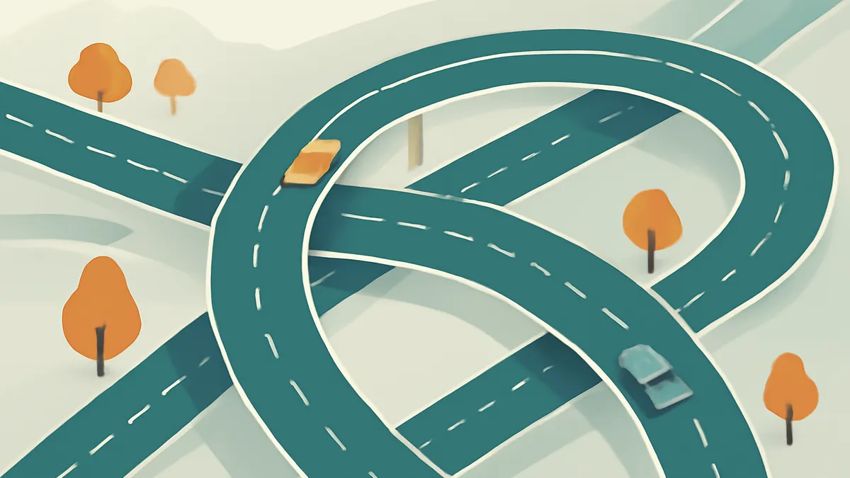 An overhead view of a complex highway interchange with two cars and several trees in a minimalist style