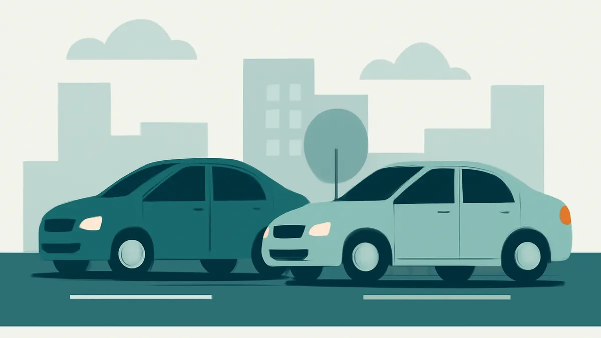 Two cars, one dark teal and one light teal, driving on a road with a city skyline in the background