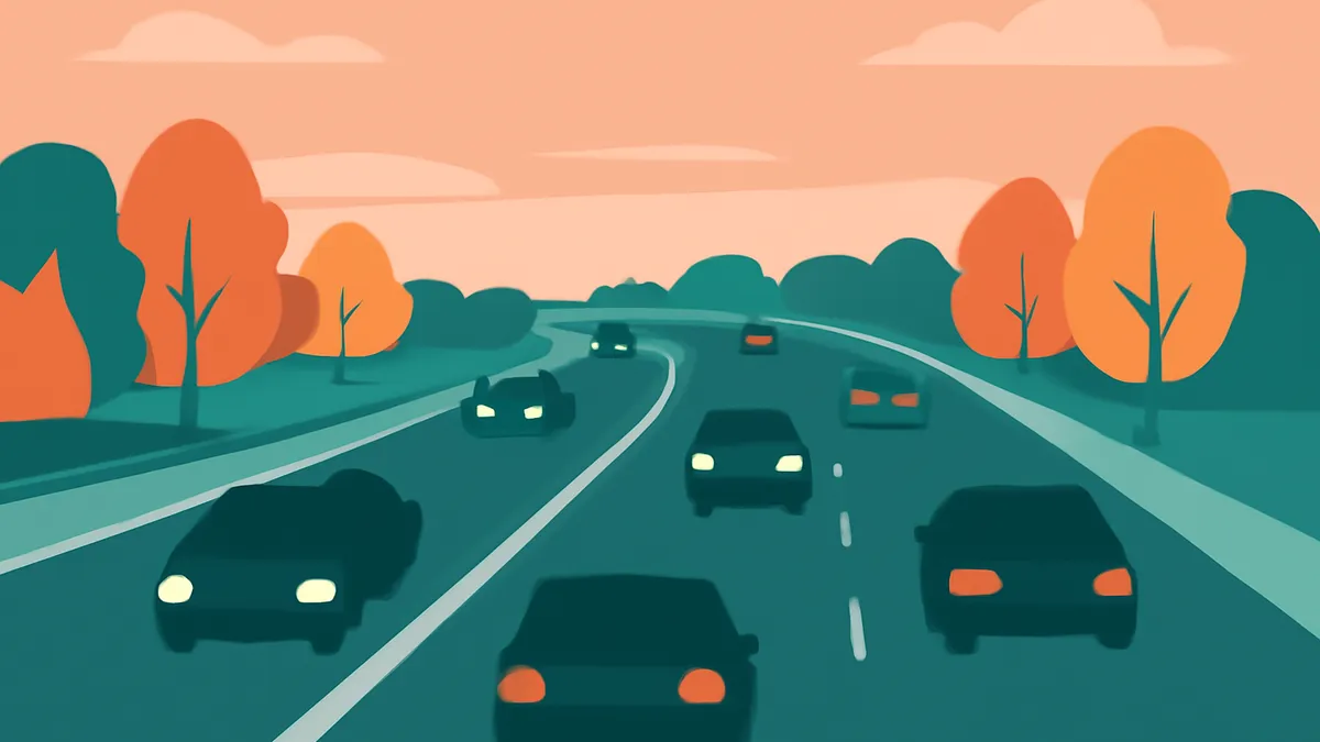 Cars driving on a highway with trees on the side under an orange sky in a flat illustration style