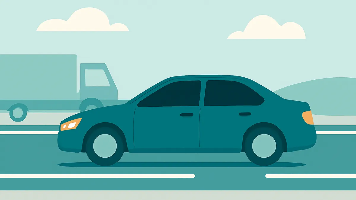 A teal sedan and a light blue truck on a road with a light blue sky and white clouds