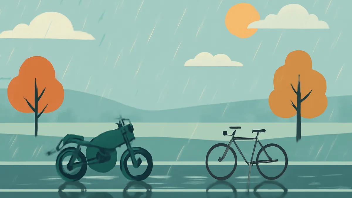 A motorcycle and a bicycle on a wet road in the rain with trees and clouds in the background