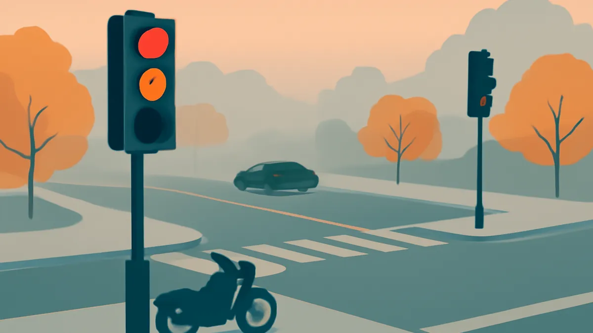 A motorcycle and a car at an intersection with traffic lights and trees under an orange sky