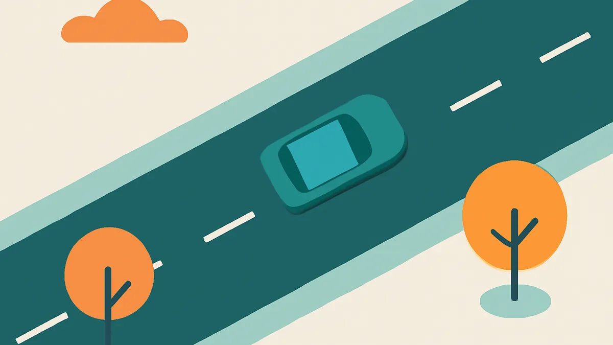 A teal car on a road with a cloud and two trees in a flat, minimalist style