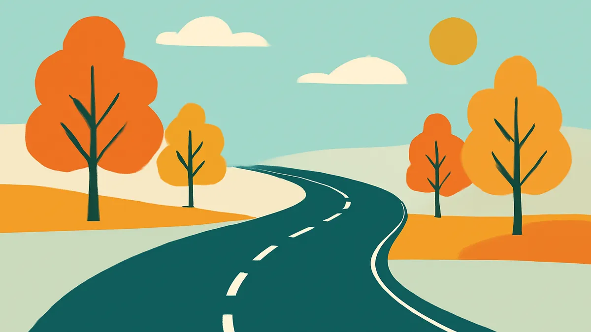 A winding road with dashed white lines, flanked by orange and yellow trees under a light blue sky with clouds and a sun