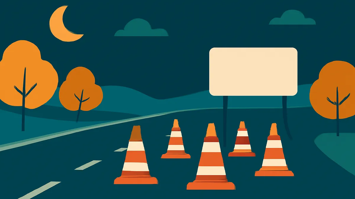 A dark blue night scene with a road, orange traffic cones, a blank sign, and orange trees under a crescent moon