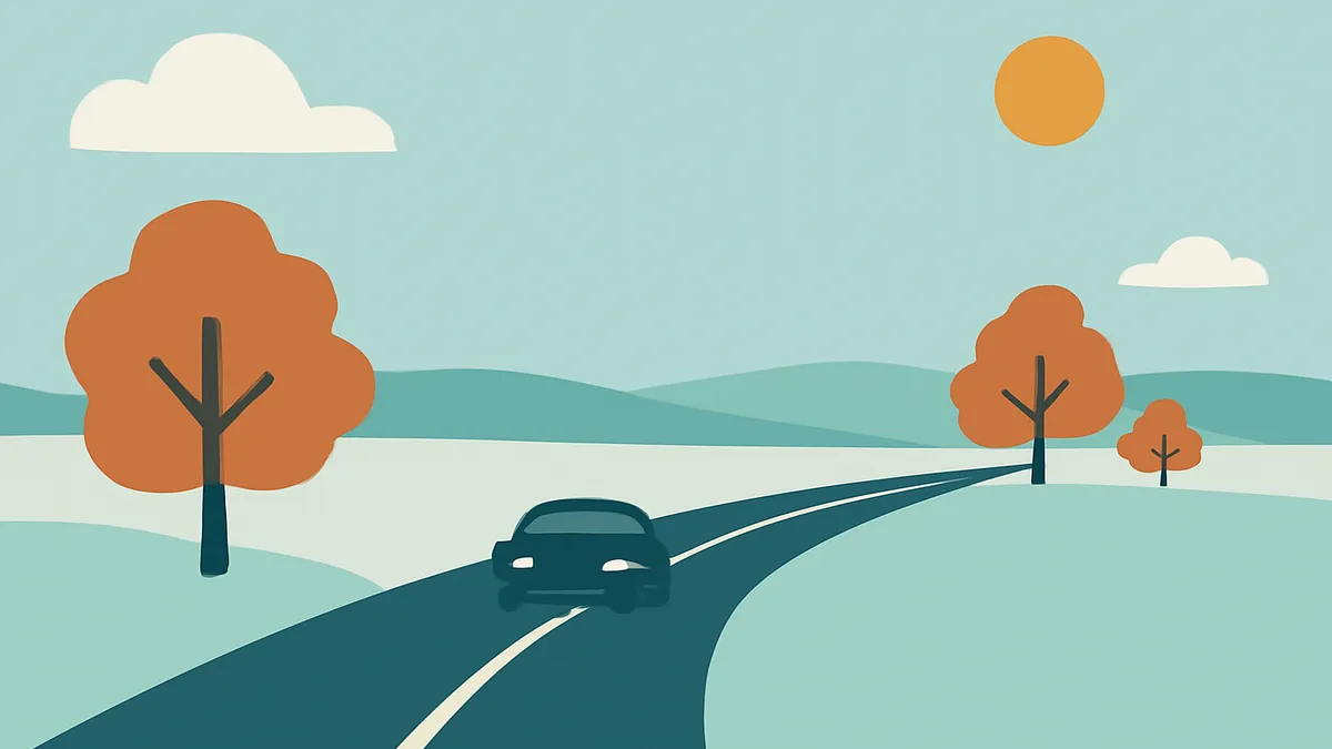 A black car drives on a winding road through a landscape with orange trees, green hills, and a blue sky with clouds