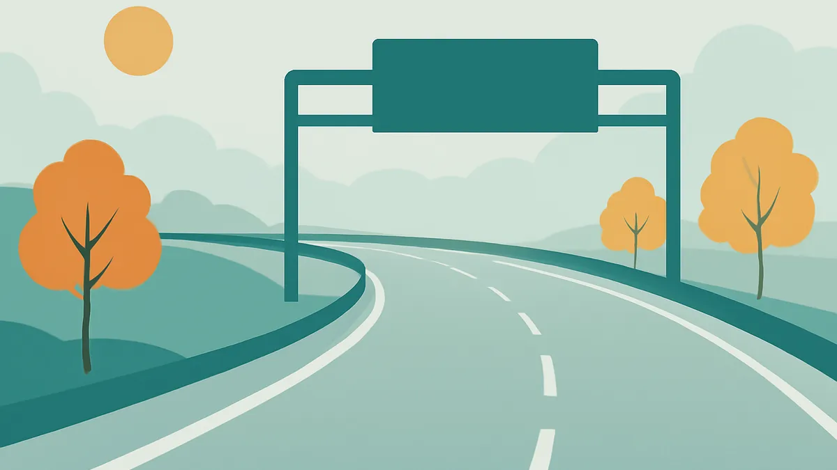 A highway with a blank overhead sign, surrounded by trees and hills under a sun in a flat, stylized illustration