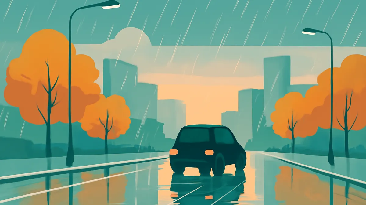 A small car drives on a wet road in the rain, with orange trees and city buildings in the background