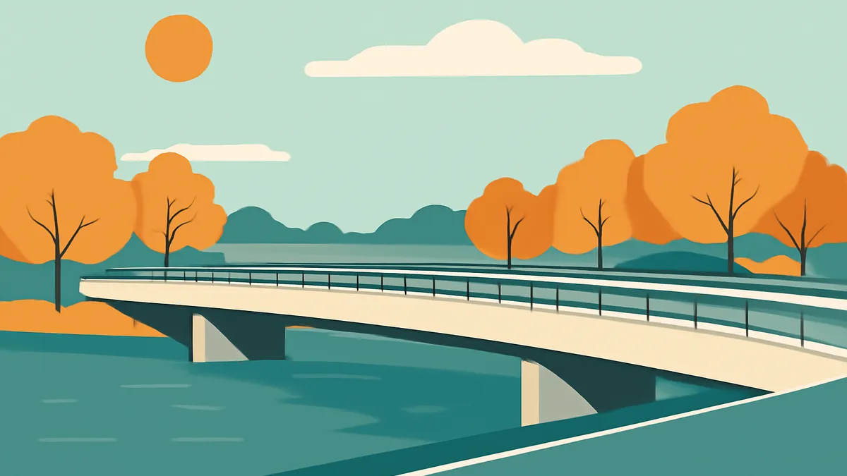 A bridge over water with orange trees and a sun in the background