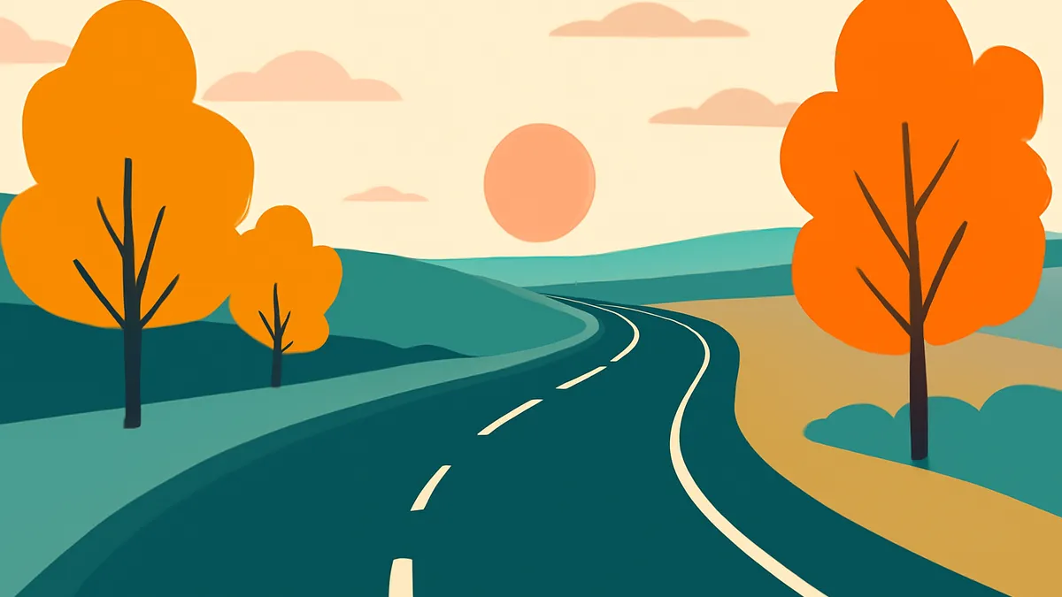 A winding road through a landscape with orange trees and green hills under a pale sky with a setting sun