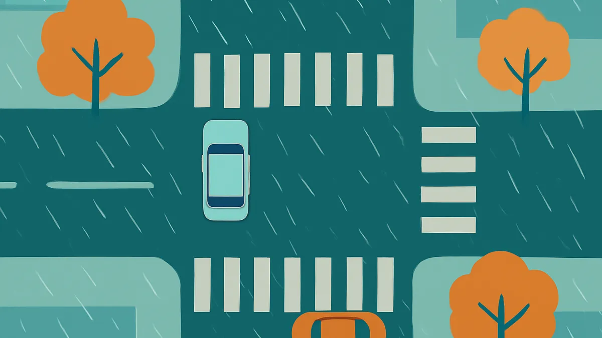 An overhead view of a teal road with white crosswalks and a light blue car, with orange trees on the corners, all