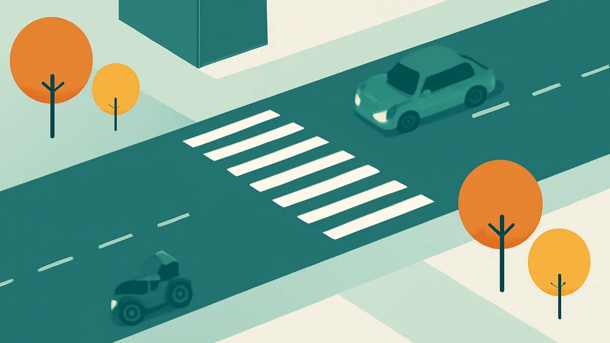 An overhead view of a teal road with a crosswalk, a teal car, and a teal ATV, with orange trees