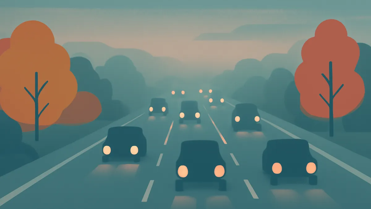 A highway with multiple cars driving in both directions, with trees on either side, in a hazy, muted color palette