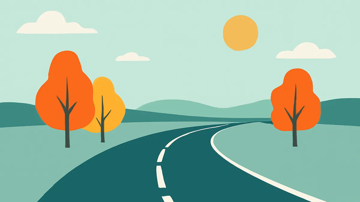 A winding road through a landscape with hills and trees under a sky with a sun and clouds, in a flat, minimalist style