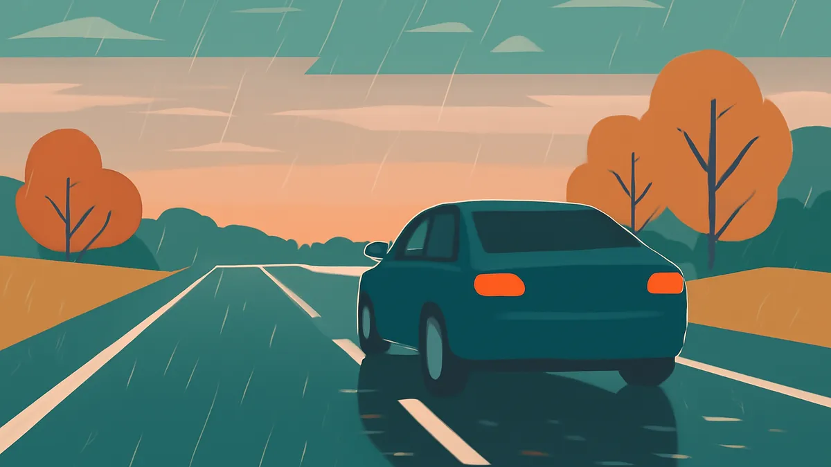 A teal sedan drives away on a wet two-lane highway in the rain, with orange trees and green bushes on the sides