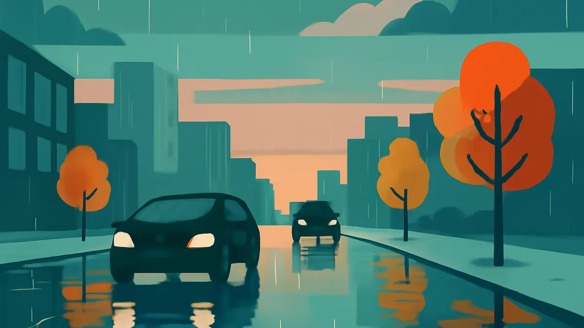 Two cars on a wet road in a city with buildings and trees, under a rainy sky at dusk
