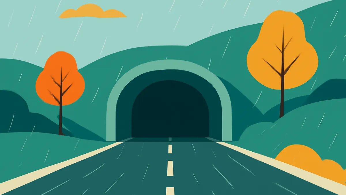 A road leading to a tunnel entrance, flanked by green hills and orange trees under a rainy sky