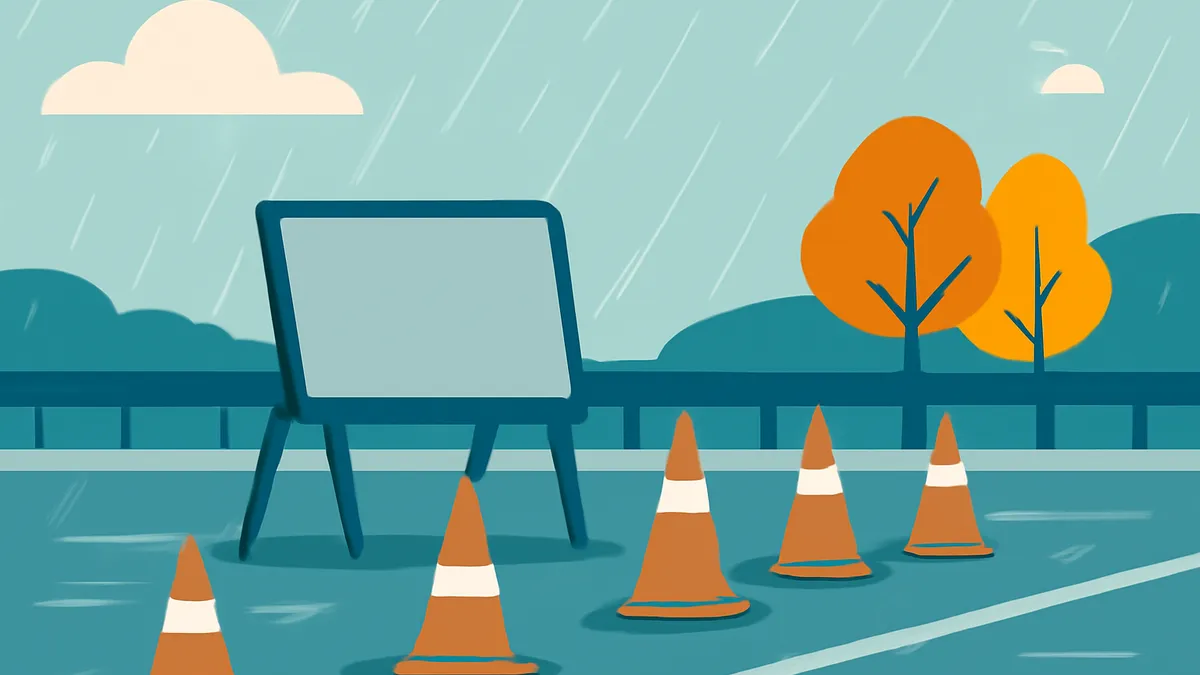 A road with orange traffic cones and a blank sign, with trees and clouds in the background