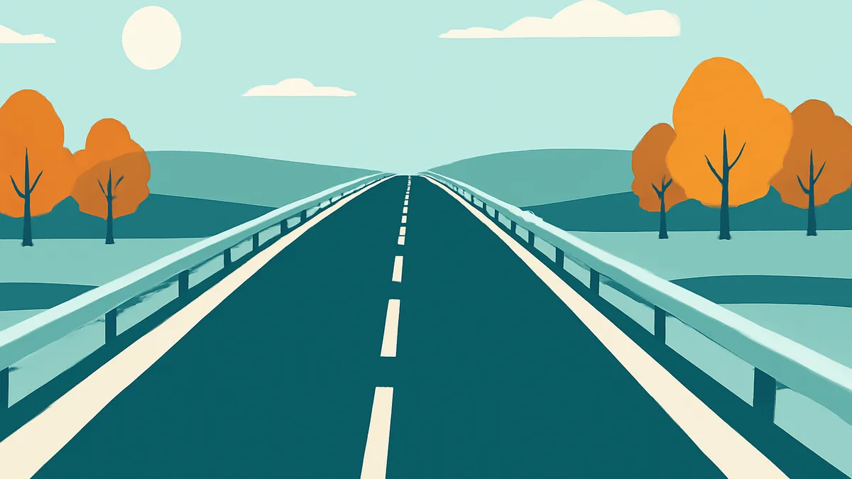 A highway with a guardrail on each side, leading into the distance under a light blue sky with a sun and clouds. Orange
