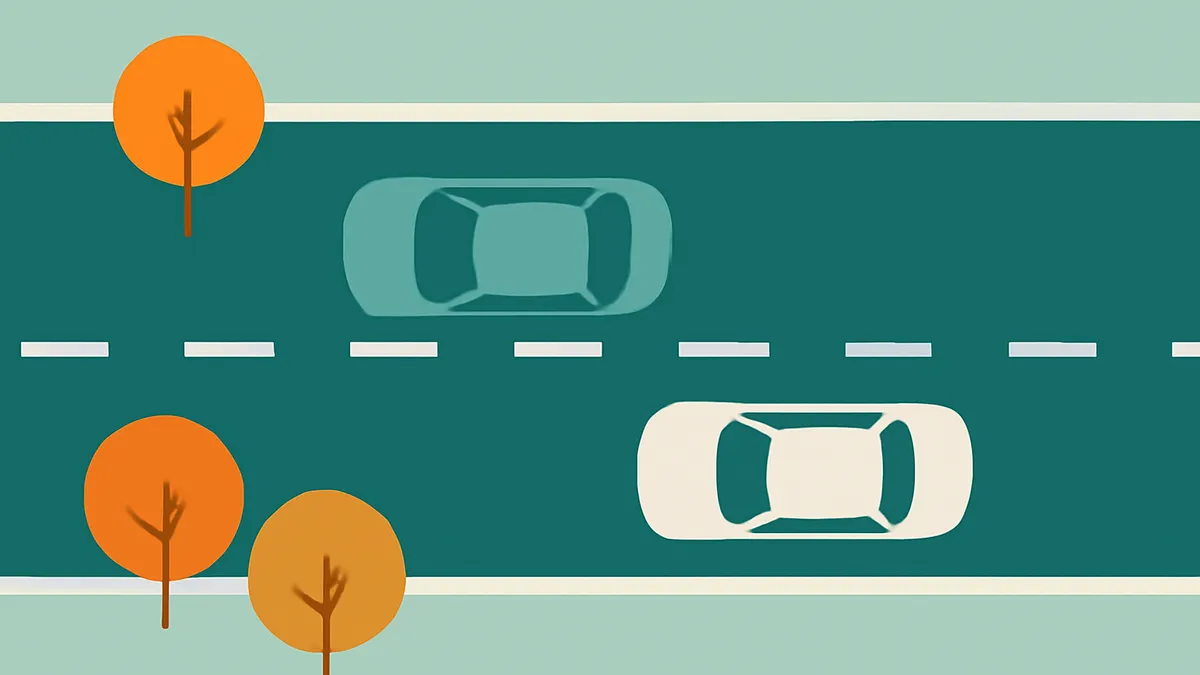 An overhead view of two cars on a two-lane road with trees on the side, in a flat, minimalist style