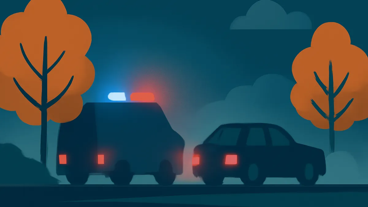 A police car with flashing lights and a sedan on a dark road at night, with trees and clouds