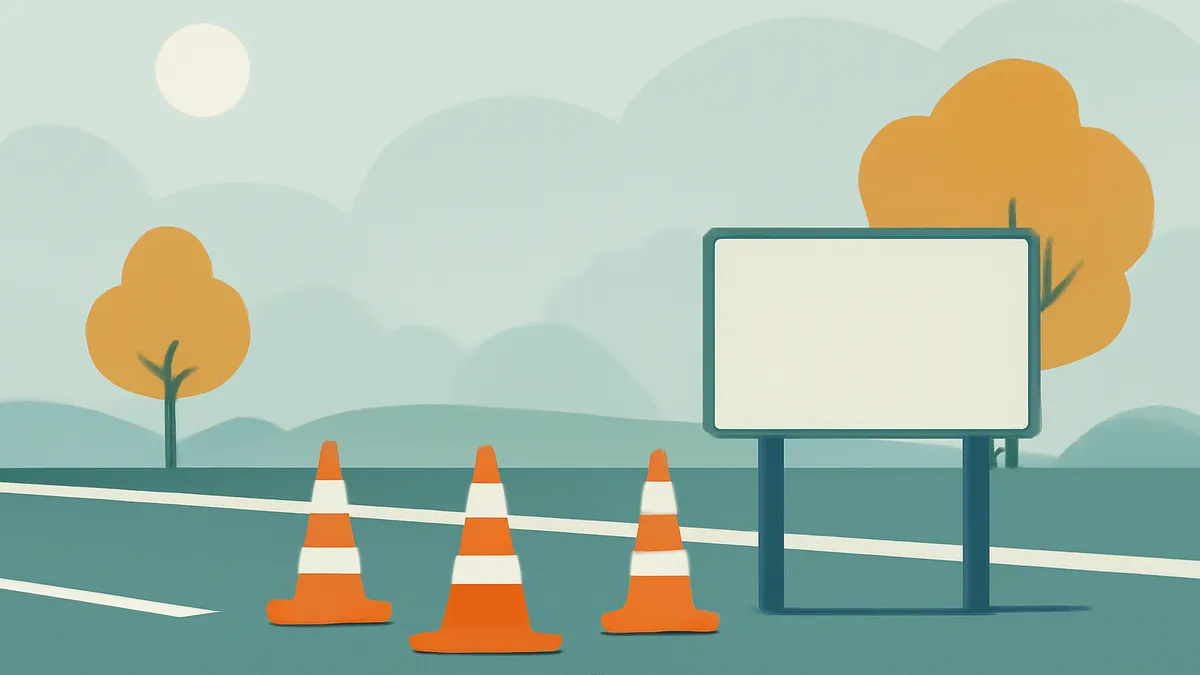 Three orange and white traffic cones on a road next to a blank billboard, with trees and hills in the background
